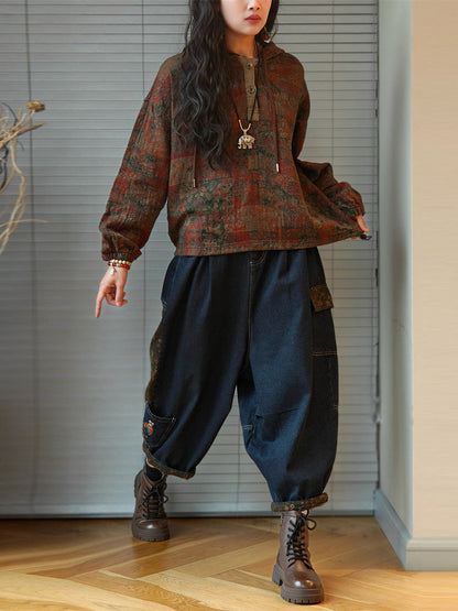 Women's Plus Size Hooded Sweatshirt | Patchwork Design & Raglan Sleeves
