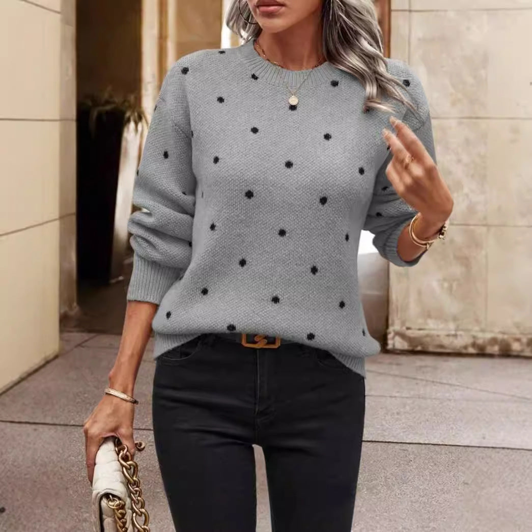 Women's Polka Dot Sweater | Crew Neck & Ribbed Knit