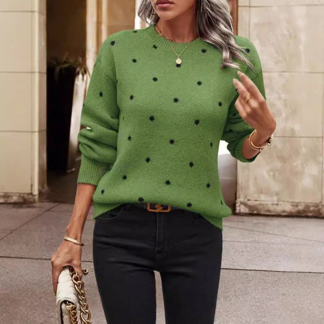 Women's Polka Dot Sweater | Crew Neck & Ribbed Knit