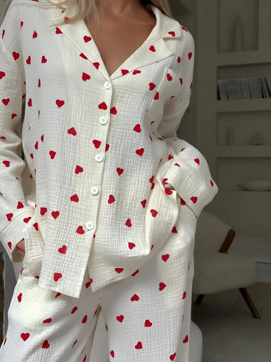 Women's Pyjama Set | Heart Print & Long Sleeve