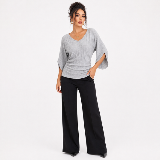 Women's Ribbed V-Neck Knit Top | Soft & Stretch Comfort