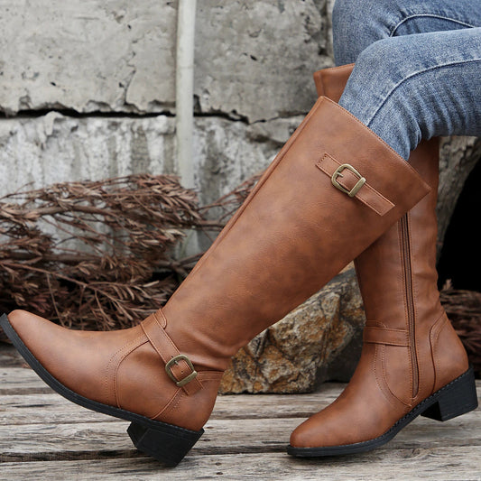 Women's Riding Boots Knee High Round Toe Low Heel with Buckle Strap