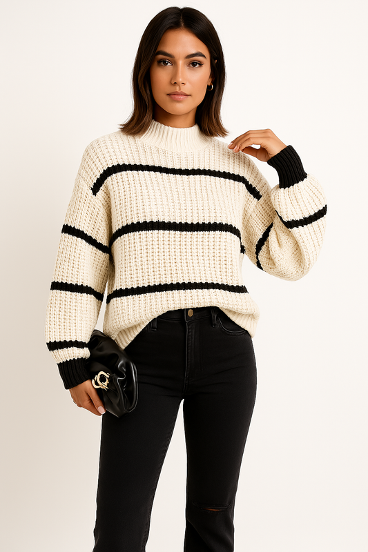 Women's Striped Crew Neck Sweater | Relaxed Fit & Long Sleeve