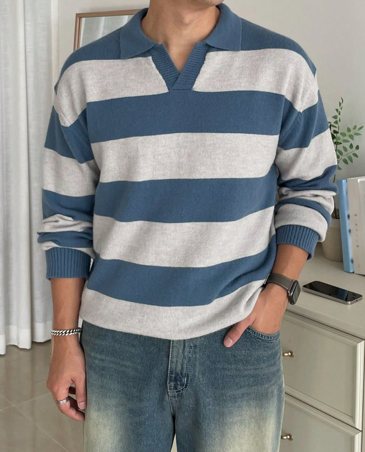 Women's Striped Sweater Open Polo Collar Relaxed Fit with Ribbed Cuffs