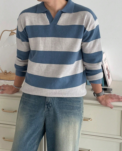 Women's Striped Sweater Open Polo Collar Relaxed Fit with Ribbed Cuffs