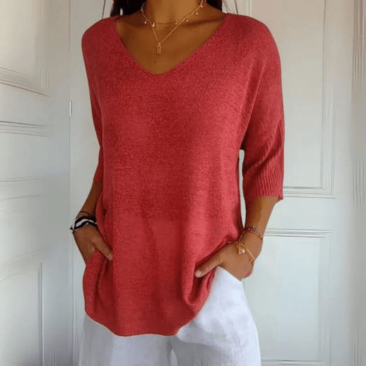 Women's Sweater | Deep V Neckline, Loose Curved Drop Hem
