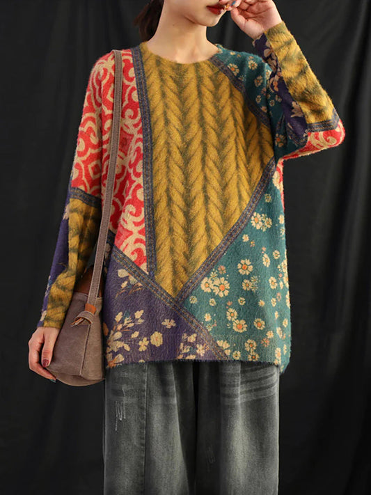 Women's Sweater Floral Spliced Stretch Knit O Neck with Raglan Sleeve