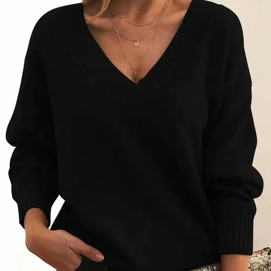 Women's Sweater | Gathered Deep V Neckline, Ribbed Cuffs