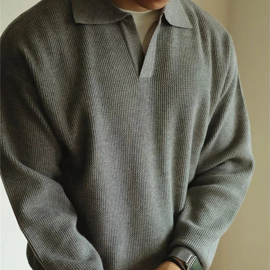 Women's Sweater Knitted Polo Neckline Relaxed Fit with Ribbed Cuffs