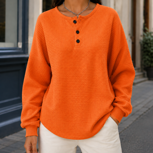 Women's Sweater Oversized Henley Neckline Curved Hem with Ribbed Cuffs