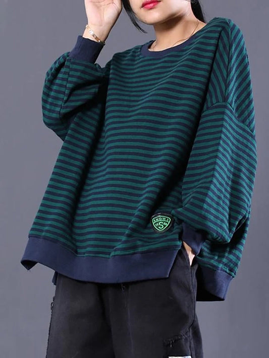 Women's Sweatshirt Striped Stand Neck Loose Fit Midi with Bat Sleeves