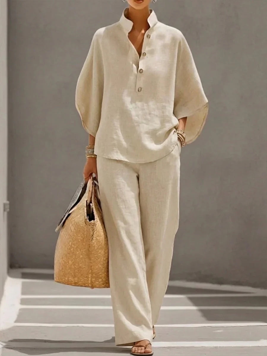 Women's Two Piece Set | Stand Collar Top, Wide Leg Trousers