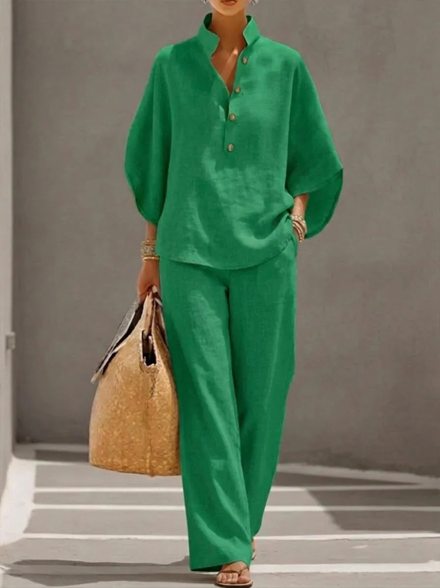 Women's Two Piece Set | Stand Collar Top, Wide Leg Trousers