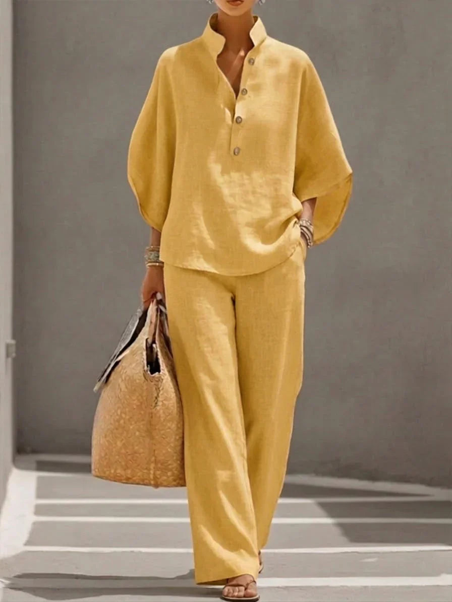 Women's Two Piece Set | Stand Collar Top, Wide Leg Trousers