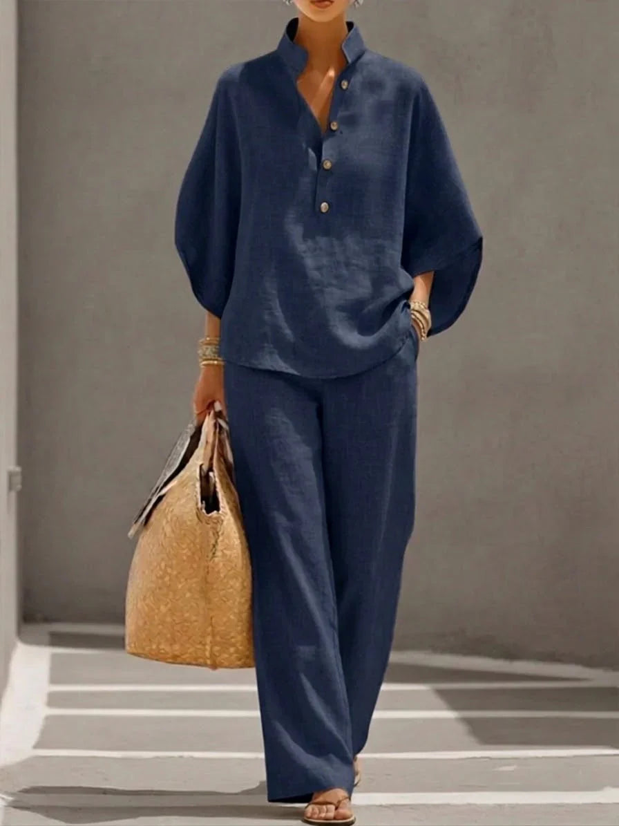 Women's Two Piece Set | Stand Collar Top, Wide Leg Trousers