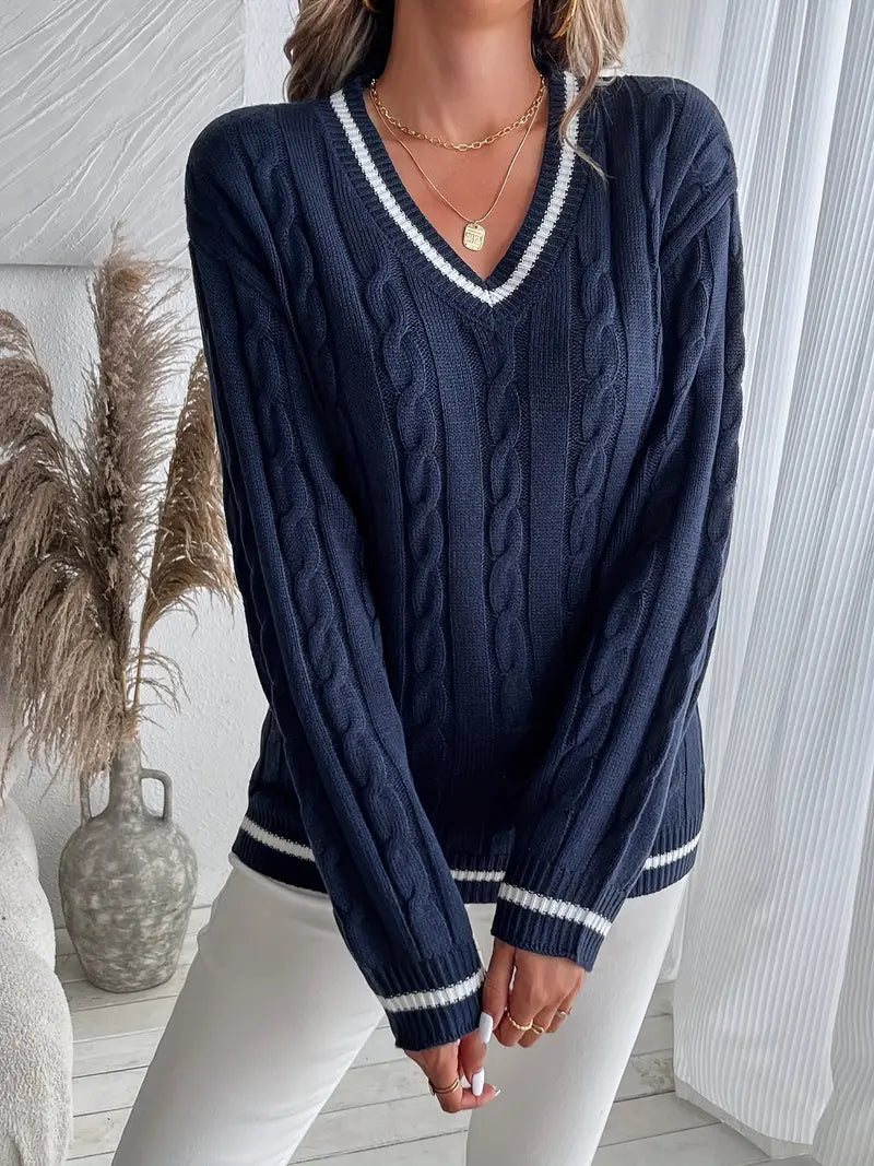 Women's V-Neck Cable Knit Sweater | Cosy & Flattering Fit
