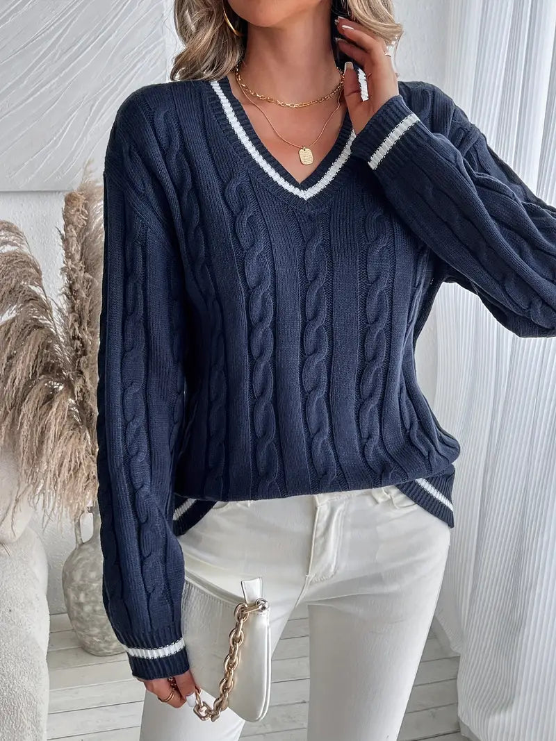 Women's V-Neck Cable Knit Sweater | Cosy & Flattering Fit