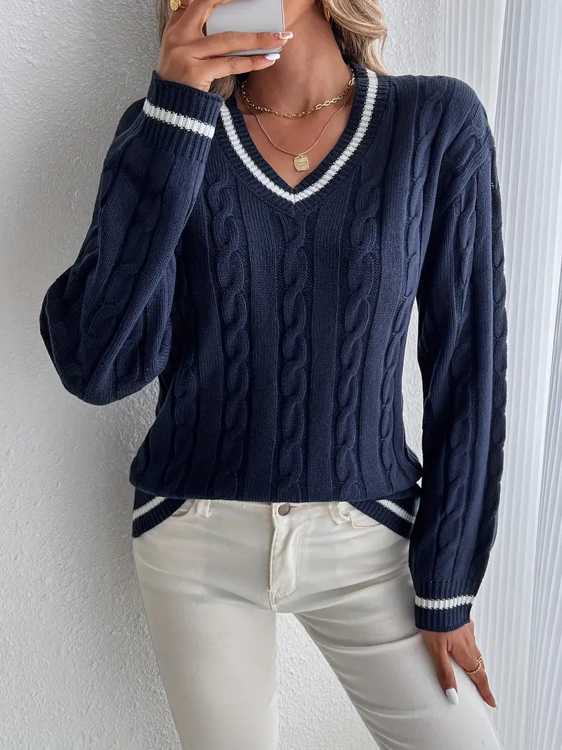 Women's V-Neck Cable Knit Sweater | Cosy & Flattering Fit