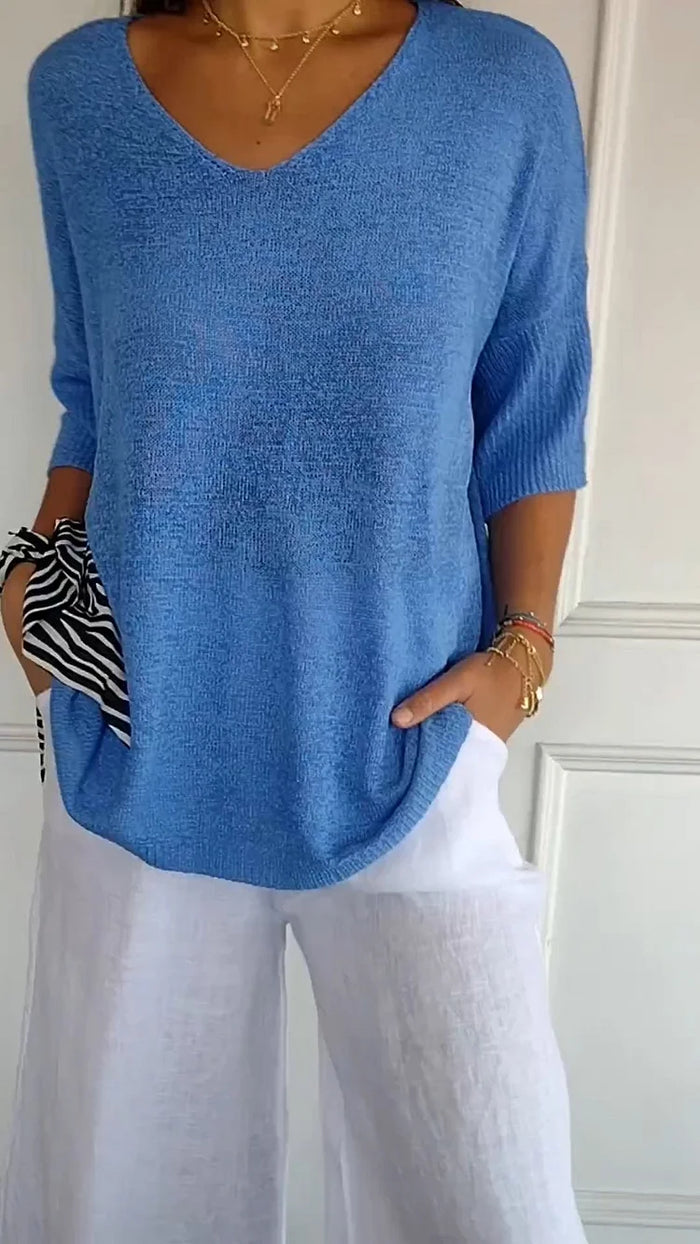 Women's V-Neck Oversized Knit Top | Half-Sleeve & Relaxed Fit