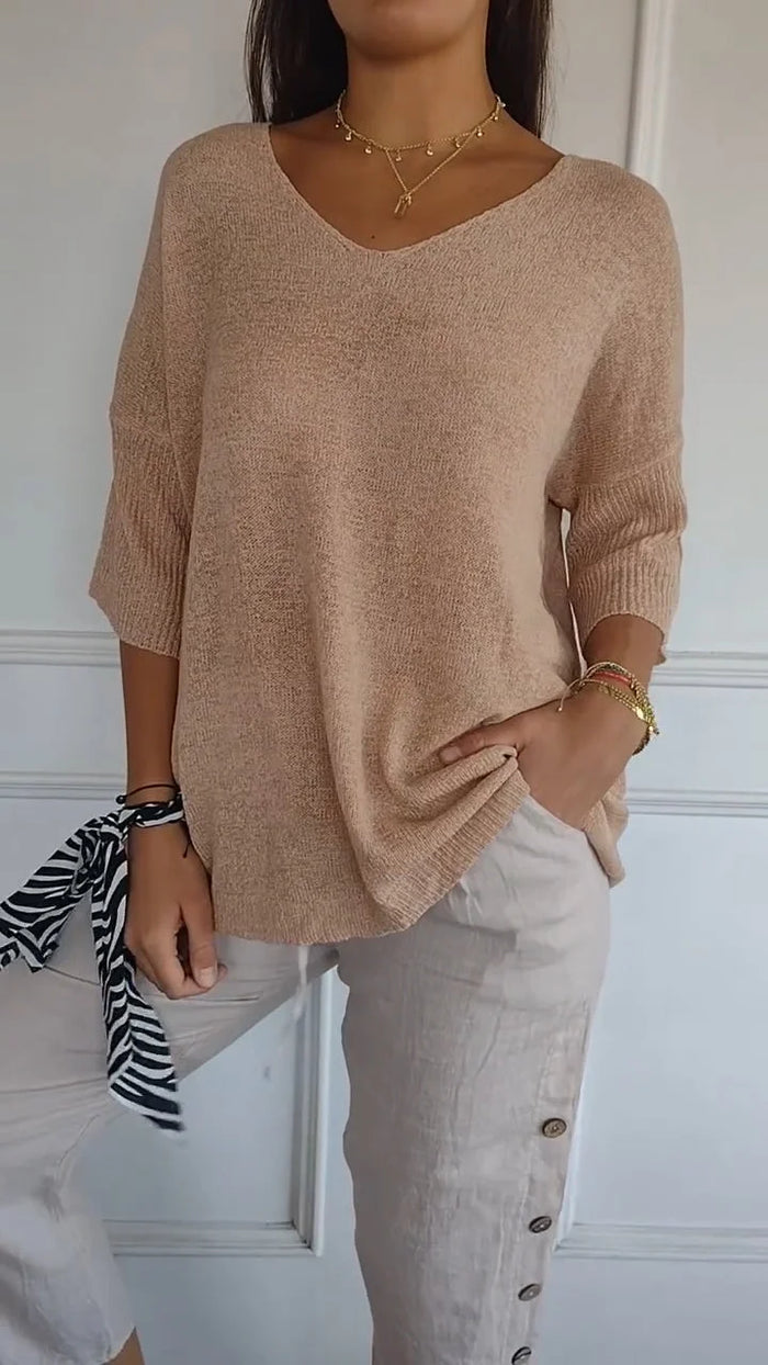 Women's V-Neck Oversized Knit Top | Half-Sleeve & Relaxed Fit