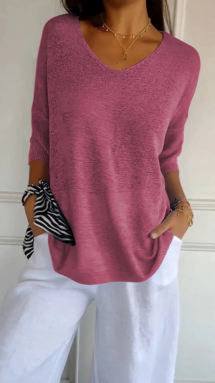 Women's V-Neck Oversized Knit Top | Half-Sleeve & Relaxed Fit