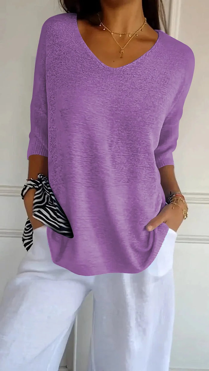 Women's V-Neck Oversized Knit Top | Half-Sleeve & Relaxed Fit
