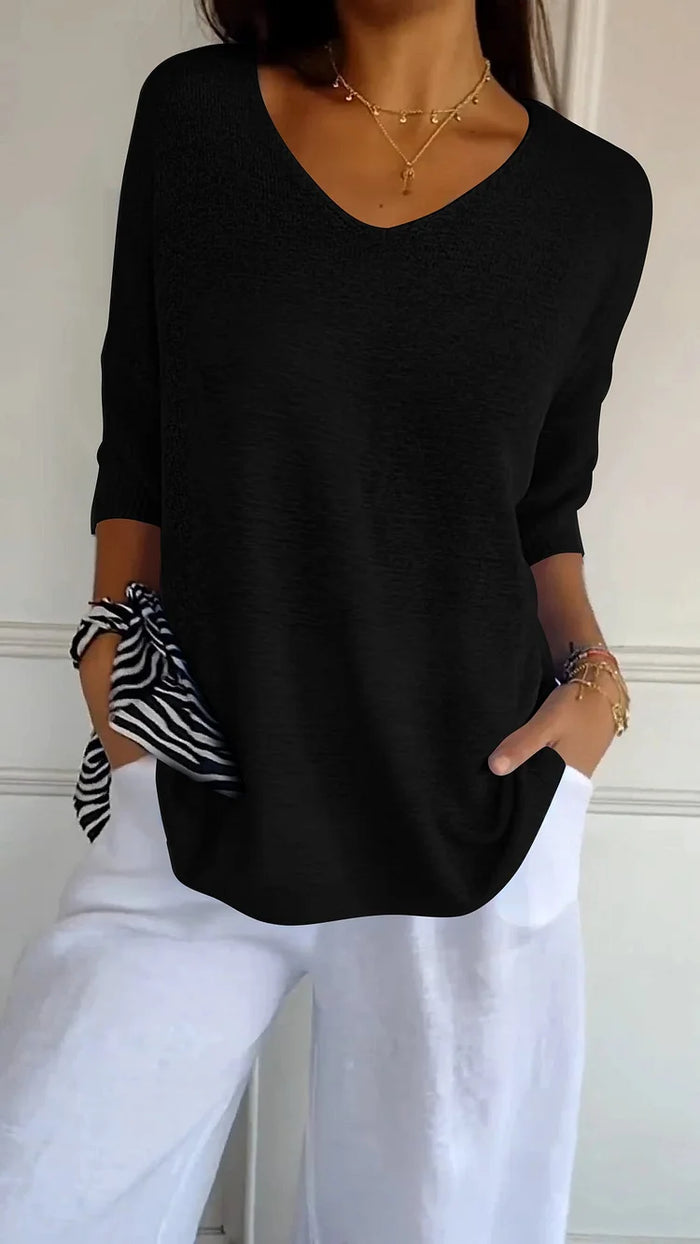 Women's V-Neck Oversized Knit Top | Half-Sleeve & Relaxed Fit