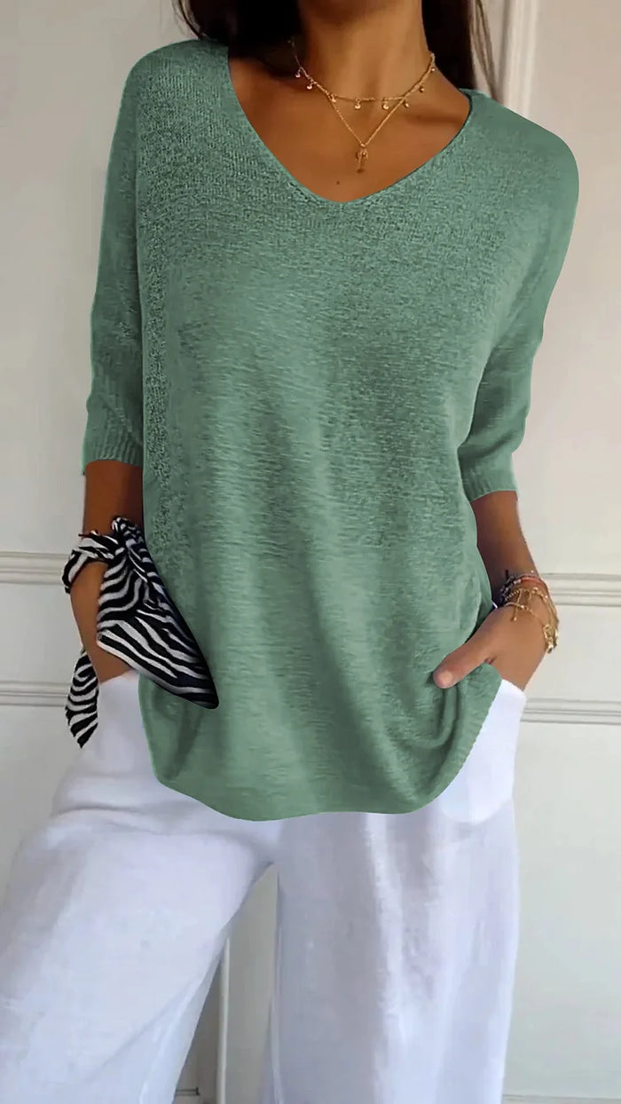 Women's V-Neck Oversized Knit Top | Half-Sleeve & Relaxed Fit