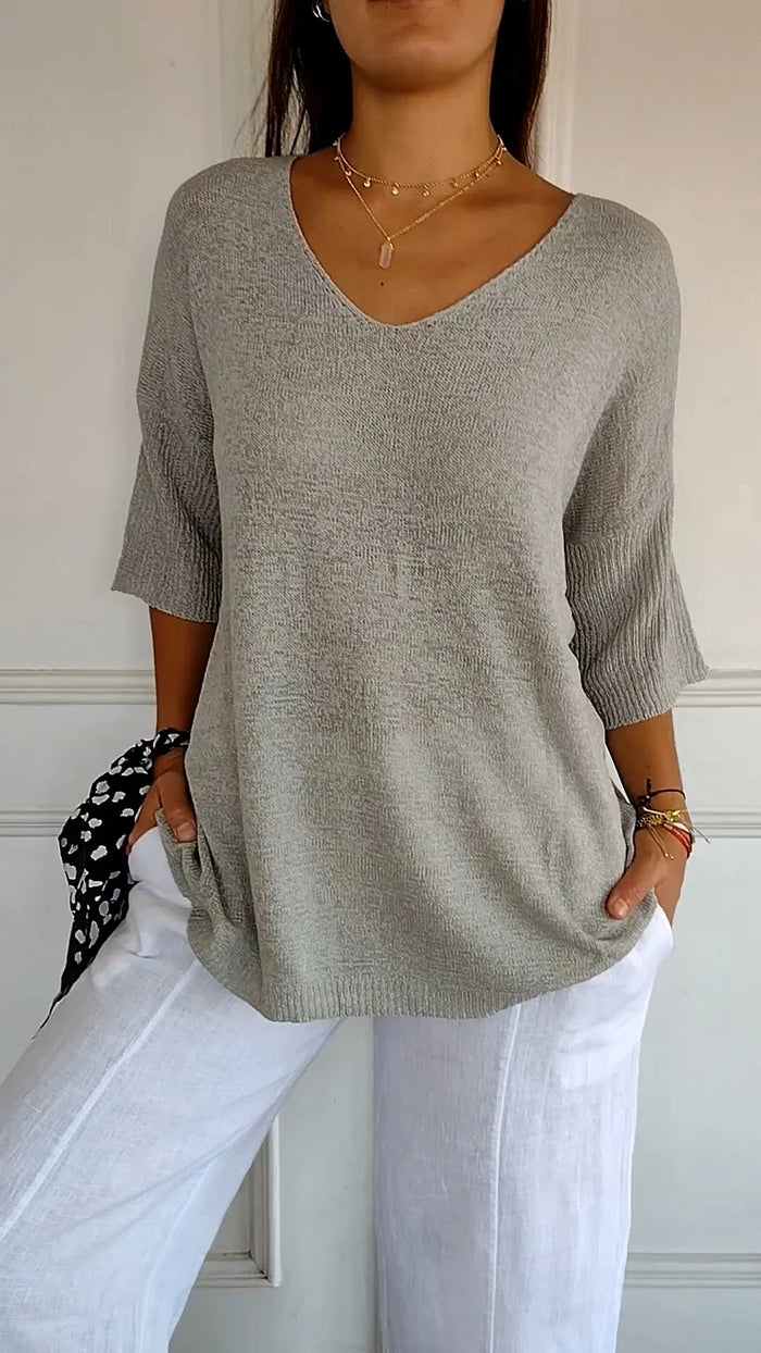 Women's V-Neck Oversized Knit Top | Half-Sleeve & Relaxed Fit