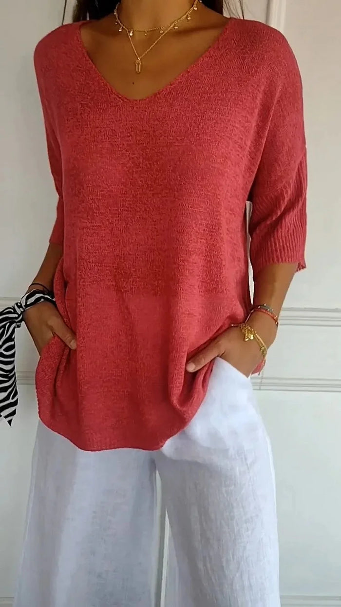 Women's V-Neck Oversized Knit Top | Half-Sleeve & Relaxed Fit
