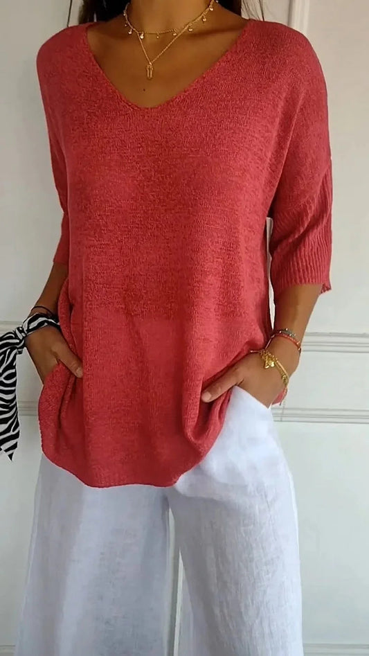 Women's V-Neck Oversized Knit Top | Half-Sleeve & Relaxed Fit