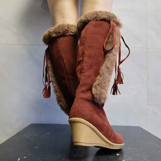 Women's Warm Boots Knee High Combat Round Toe Wedge with Ribbon Trim
