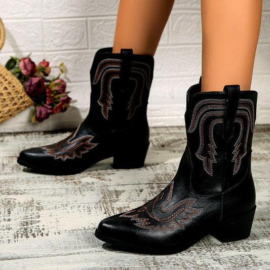 Women's Western Boots | Embroidered Stitch Design & Pointed Toe