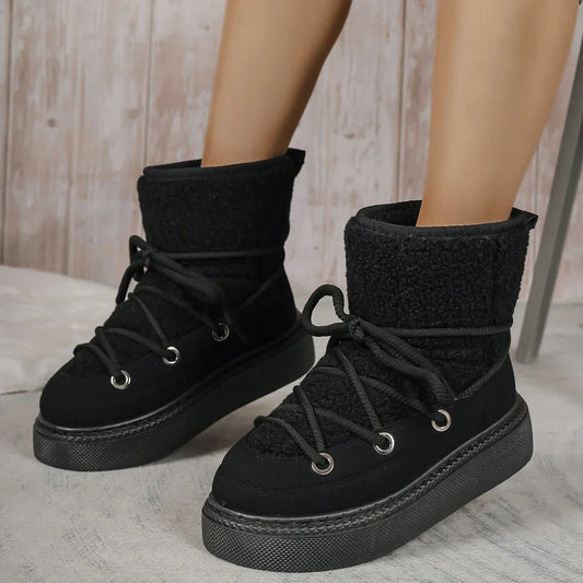 Women's Winter Boots Lace Up Round Toe Low Heel with Non Slip Sole