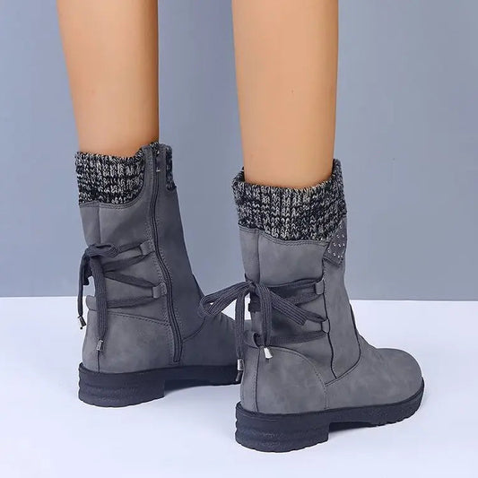 Women's Winter Boots Lace Up Round Toe Thick Heel with Zip Closure
