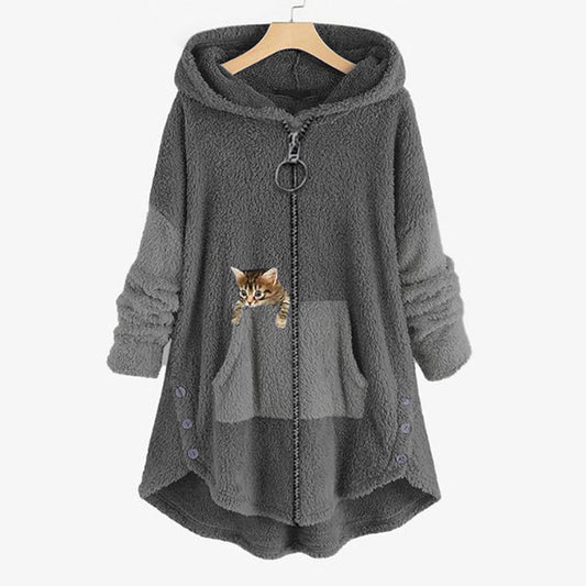 Women's Zip Hoodie | Cat Embroidery & Relaxed Fit