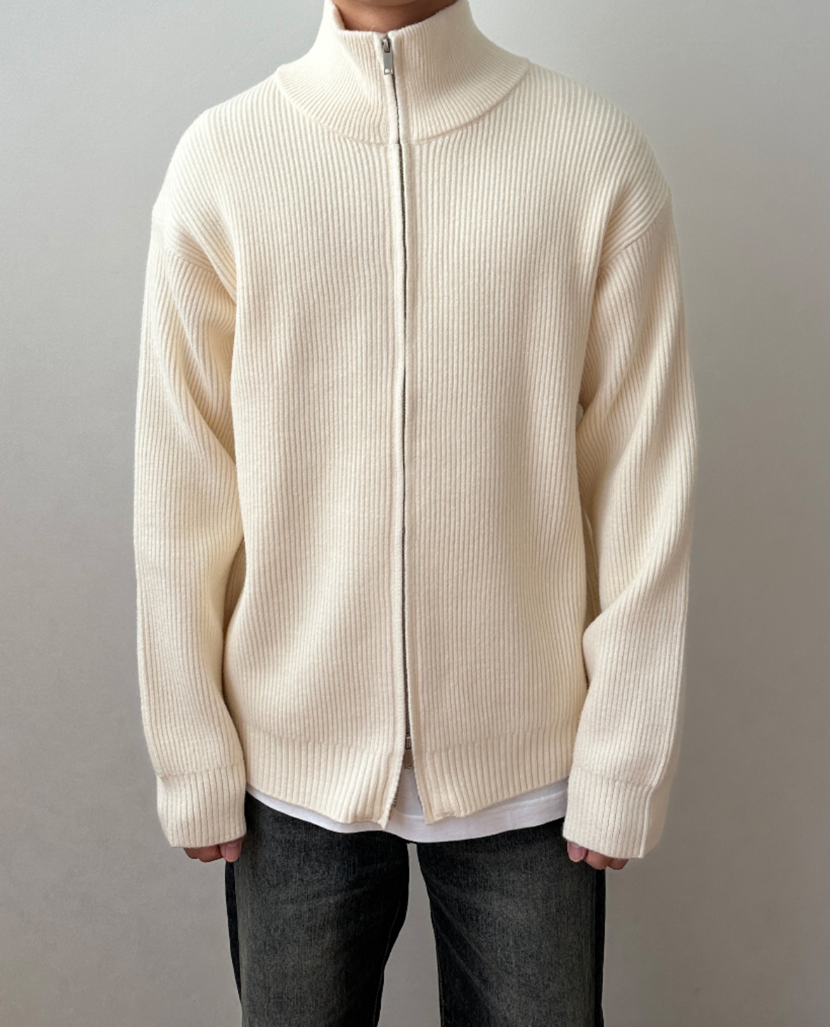 Women's Zip Up Cardigan High Collar Ribbed Knit with Smooth Fastening
