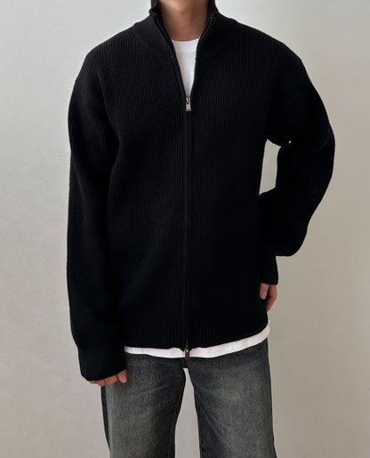Women's Zip Up Cardigan High Collar Ribbed Knit with Smooth Fastening