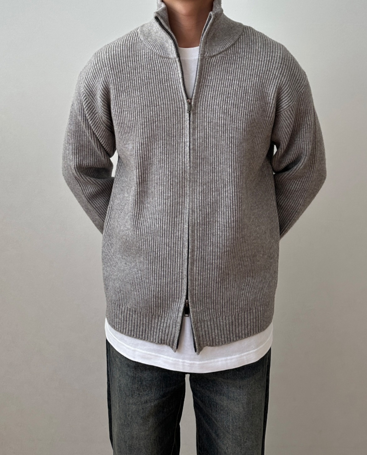 Women's Zip Up Cardigan High Collar Ribbed Knit with Smooth Fastening