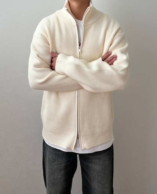 Women's Zip Up Cardigan High Collar Ribbed Knit with Smooth Fastening