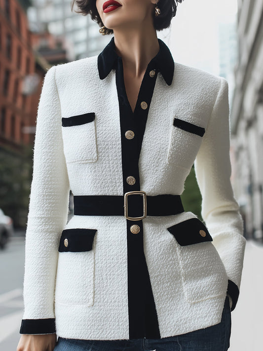 Women's Jacket Tailored Collar Contrast Trim Hip Length with Buttons
